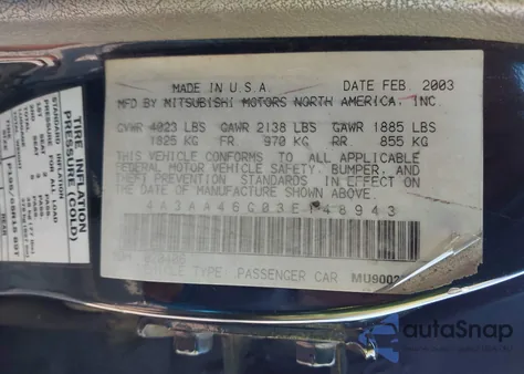 2003 Mitsubishi Galant Es/Ls z USA, uszkodzony, nr VIN 4A3AA46G03E148943